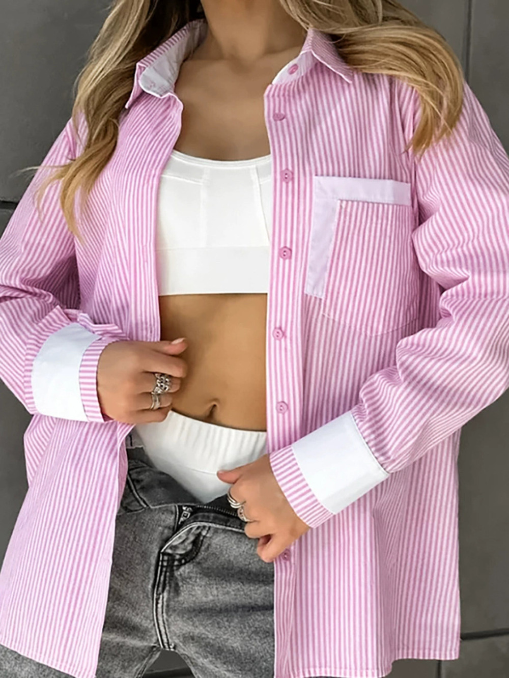 ZARA Pink White Color Block Stripe Shirt Premium Loose Fit Fall Winter